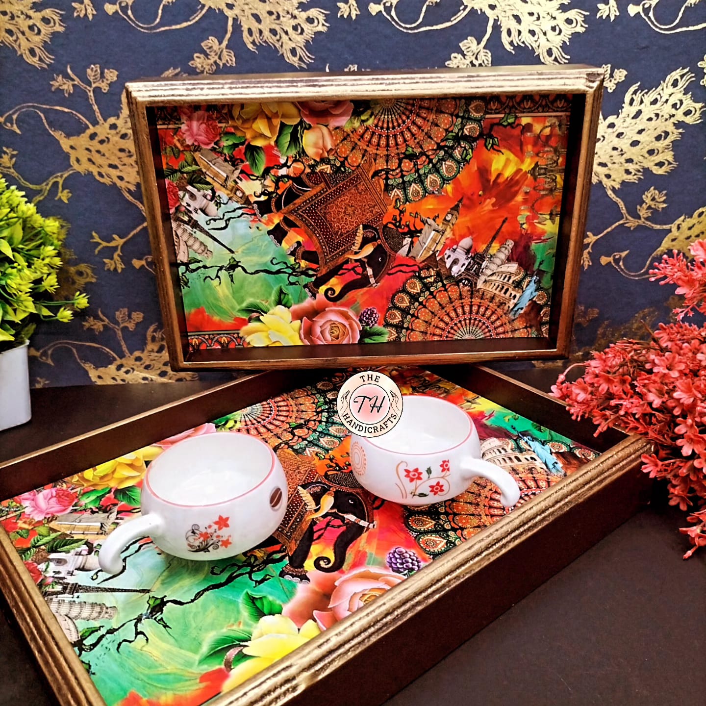 wooden set of 2 serving rectangular colorful tray for home/ office/ gift item